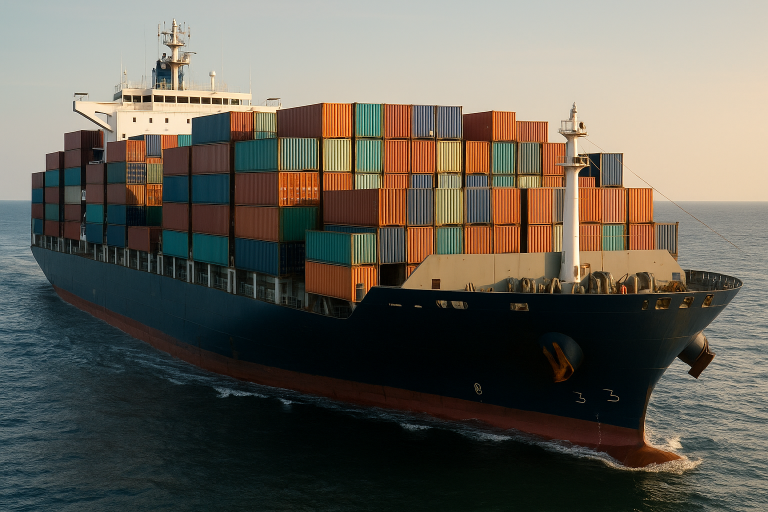 A large cargo ship loaded with shipping containers, illustrating the cost-effective method of sea freight for bulk scarf supply shipments from China.