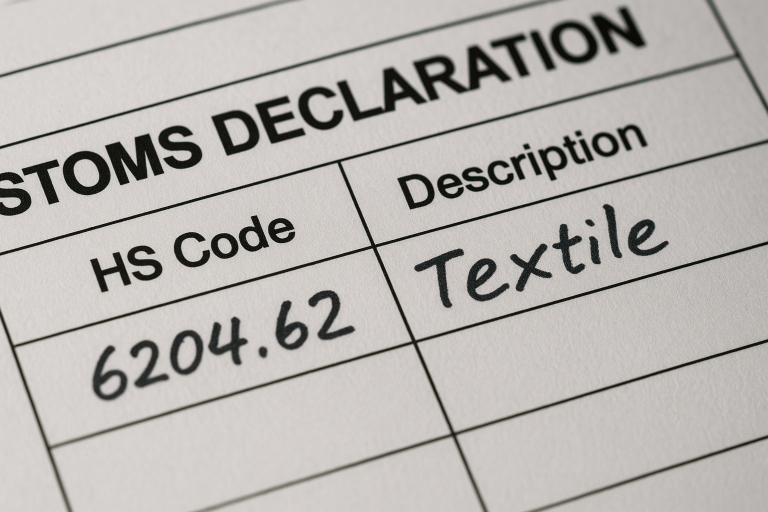 A close-up of a customs declaration form with fields for Harmonized System (HS) codes and product descriptions, emphasizing the importance of accurate textile classification for imports.