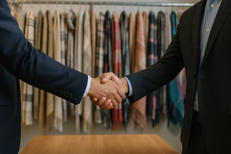 A professional handshake between a buyer and a supplier, symbolizing the establishment of a strong, long-term partnership in the scarf supply chain.