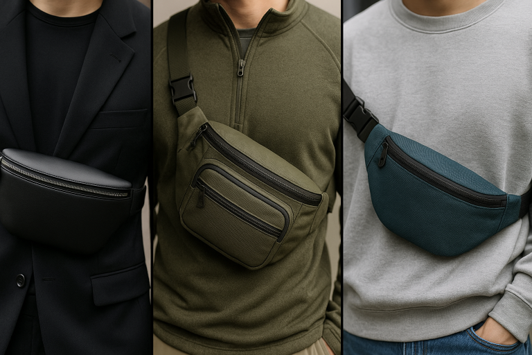 A visual collage showcasing diverse fanny pack styles: a sleek, minimalist fashion fanny pack suitable for high-end brands, a rugged outdoor model for adventure, and a stylish streetwear version demonstrating broad market appeal.