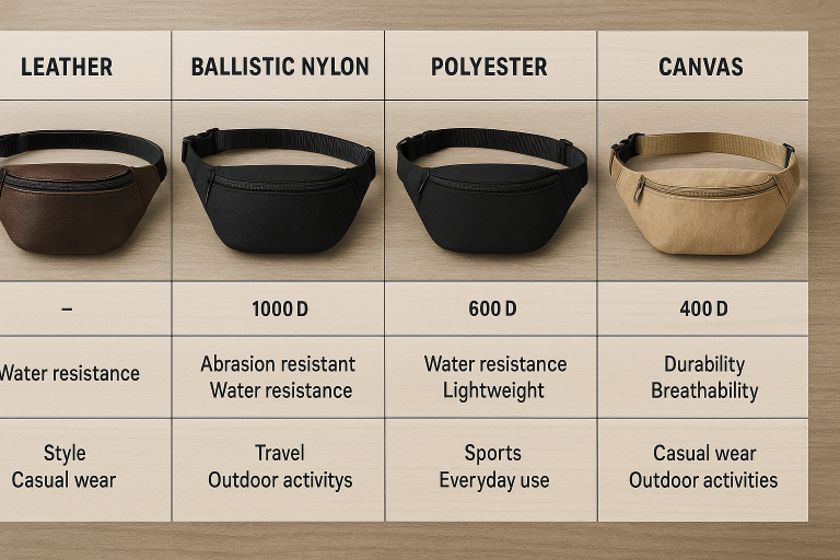 A comparison chart displaying various fanny pack materials (Leather, Ballistic Nylon, Polyester, Canvas) with their typical denier (if applicable), properties (e.g., water resistance, abrasion resistance), and common use cases, helping buyers make informed material choices.