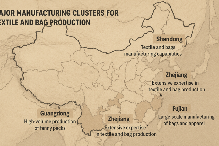 A map of China highlighting major manufacturing clusters for textile and bag production (e.g., Guangdong, Zhejiang), with brief descriptions of their specialization relevant to fanny pack sourcing.