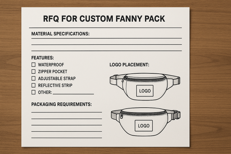 A sample RFQ template for a custom fanny pack, showing placeholders for detailed material specs, feature checkboxes, logo placement diagrams, and packaging requirements, guiding buyers on comprehensive documentation.