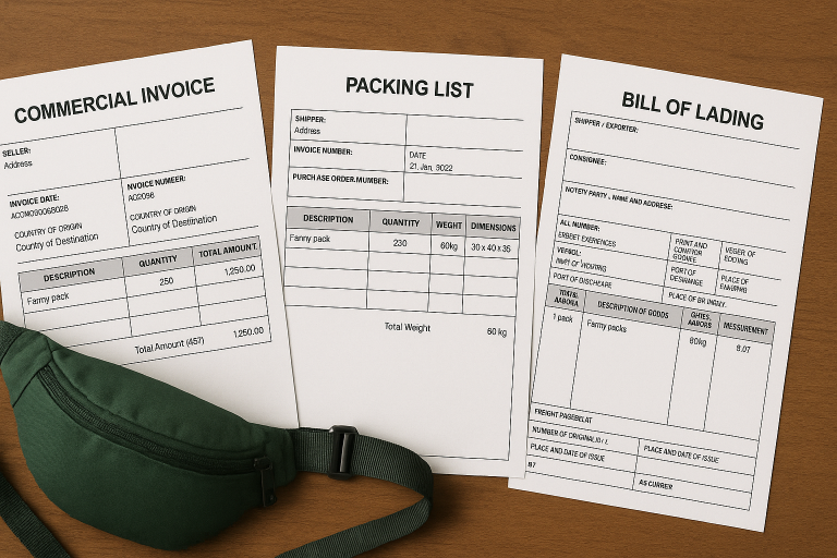 A visual guide to essential shipping documents for fanny pack imports, including a sample commercial invoice, packing list, and bill of lading, highlighting key information required for customs clearance.