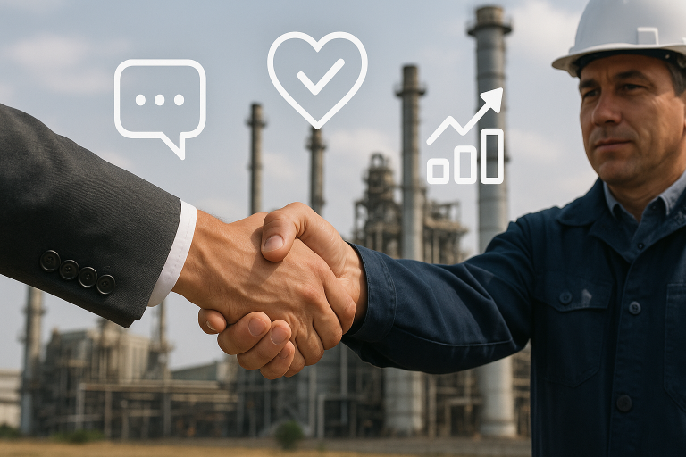 An illustration depicting a handshake between a buyer and a factory representative, surrounded by icons representing good communication, trust, and mutual growth, symbolizing a strong, collaborative supplier relationship.