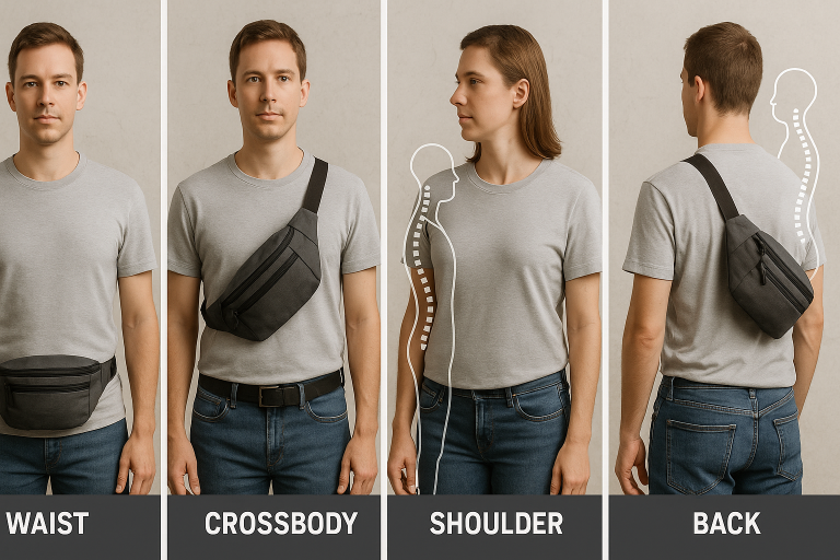 A diagram illustrating various fanny pack wearing styles (waist, crossbody, shoulder, back) and their ergonomic implications, highlighting the design considerations for multi-wear versatility.