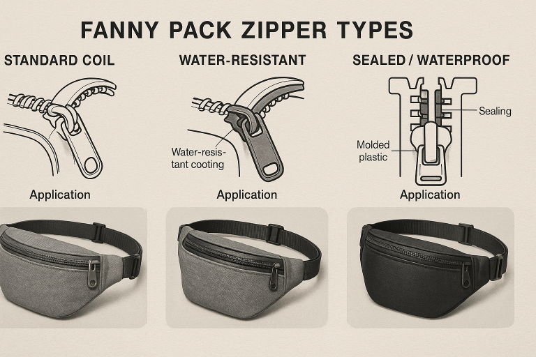 A technical diagram illustrating the construction of various zipper types (standard coil, water-resistant, sealed/waterproof) and their appropriate applications for fanny pack design, emphasizing critical sealing mechanisms.