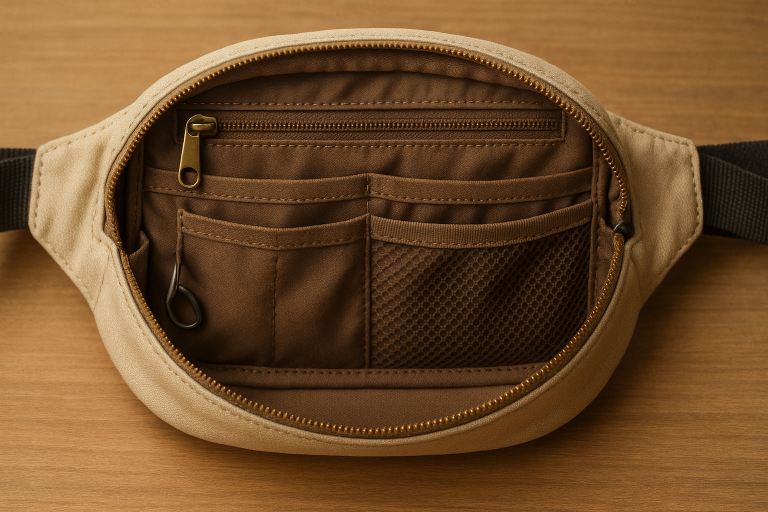 An illustration detailing various fanny pack internal organization features, including zippered compartments, slip pockets, mesh pockets, and key clips, vital for functional design specifications.