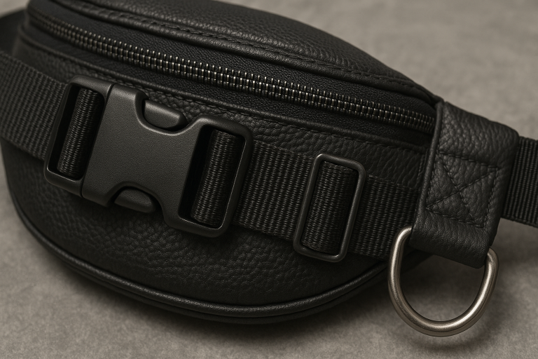 A detailed view of high-quality fanny pack hardware, focusing on the construction and material of buckles, adjusters, and D-rings, to guide procurement specifications for durability.