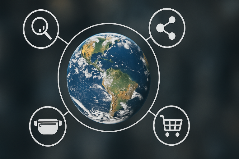 A graphic depicting a globe surrounded by icons representing market intelligence, material innovations, and consumer demands, symbolizing the need for a future-proof fanny pack sourcing strategy.