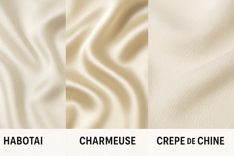 Infographic illustrating various silk weave types (Habotai, Charmeuse, Crepe de Chine) side-by-side, highlighting differences in texture and sheen, crucial for `scarf supplies material selection` and visual specification.