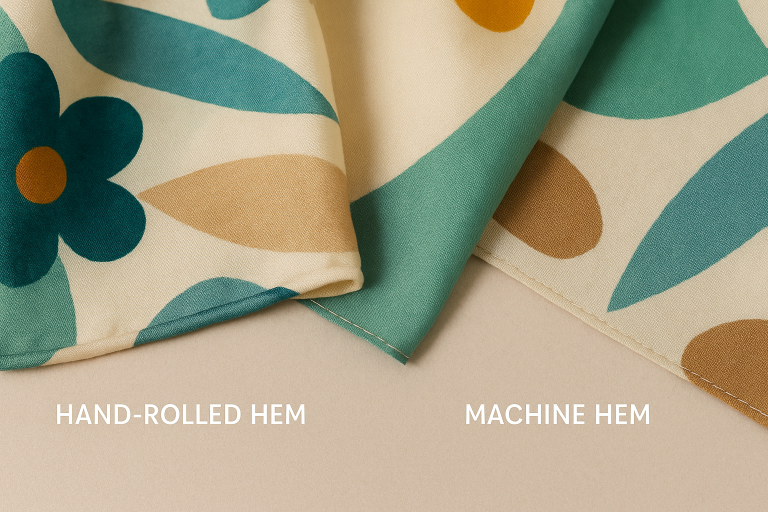 Visual comparison showcasing the distinct appearance of a hand-rolled hem versus a machine-hemmed edge on a silk scarf, illustrating the critical `scarf supplies finishing standards` that define quality.
