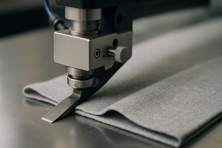 Close-up shot of an ultrasonic fabric cutting machine in operation, demonstrating precision cutting for scarf materials, relevant to advanced `scarf supplies manufacturing` processes.