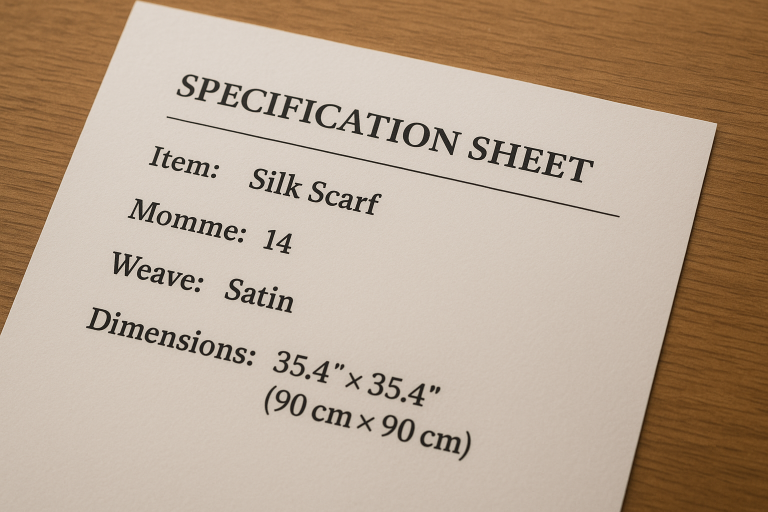 Example of a detailed specification sheet excerpt for a silk scarf, including Momme, weave, and precise dimensions, demonstrating the meticulous approach required for `scarf supplies custom design` RFQs.