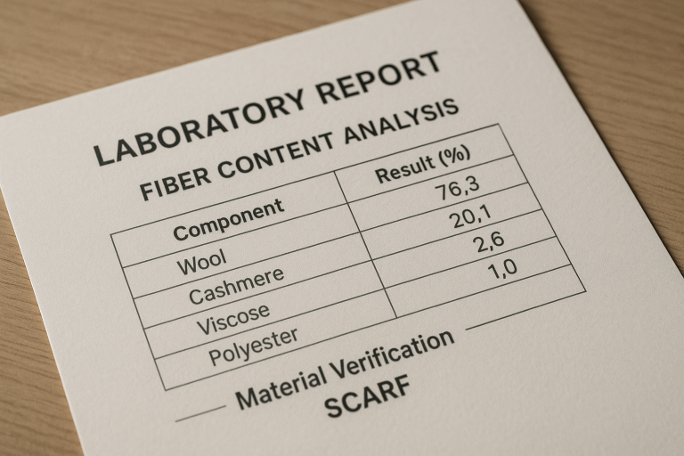 Laboratory report excerpt showing a detailed fiber content analysis for a textile sample, a key document for `material verification` and quality assurance in scarf production.