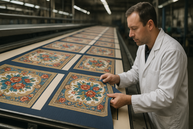Production line image showing an in-line quality check of scarf print registration and color consistency, vital for continuous `scarf supplies quality control` during manufacturing.