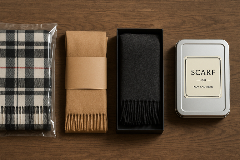 A variety of scarf packaging examples, from simple polybags to custom tin cases, illustrating `optimized packaging solutions` for different scarf types and price points, catering to various market segments.