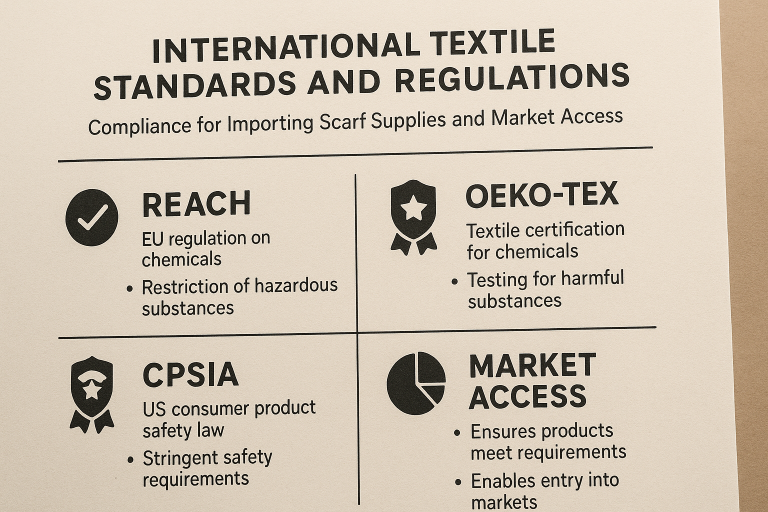 Infographic outlining key international textile standards and regulations (e.g., REACH, CPSIA, Oeko-Tex), emphasizing compliance for `importing scarf supplies` and market access.