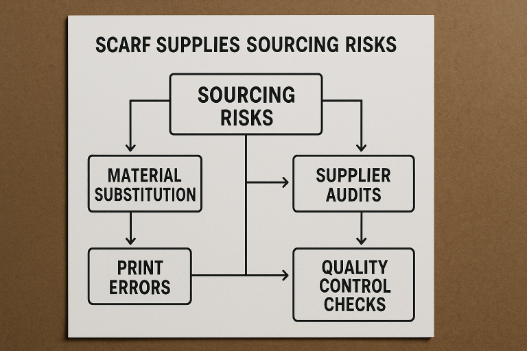 Flowchart illustrating common `scarf supplies sourcing risks` (material substitution, print errors) and corresponding strategic mitigation pathways, providing a visual guide for risk management.