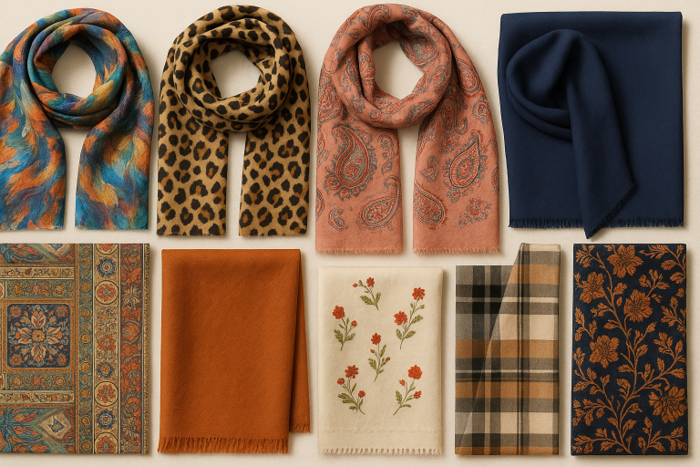 A visual guide showcasing diverse scarf patterns and design motifs, from intricate digital prints to classic solid colors and embroidered details, illustrating the vast `scarf supplies custom design` possibilities.
