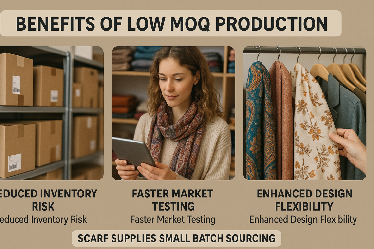 Infographic demonstrating the benefits of low MOQ production, including reduced inventory risk, faster market testing, and enhanced design flexibility for `scarf supplies small batch sourcing`.