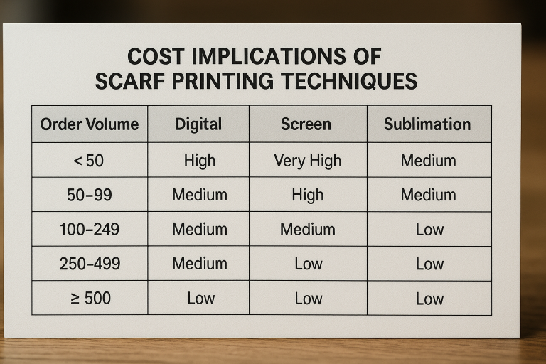A clear table comparing cost implications of different `scarf supplies printing techniques` (digital, screen, sublimation) across varying order volumes, aiding strategic decision-making.