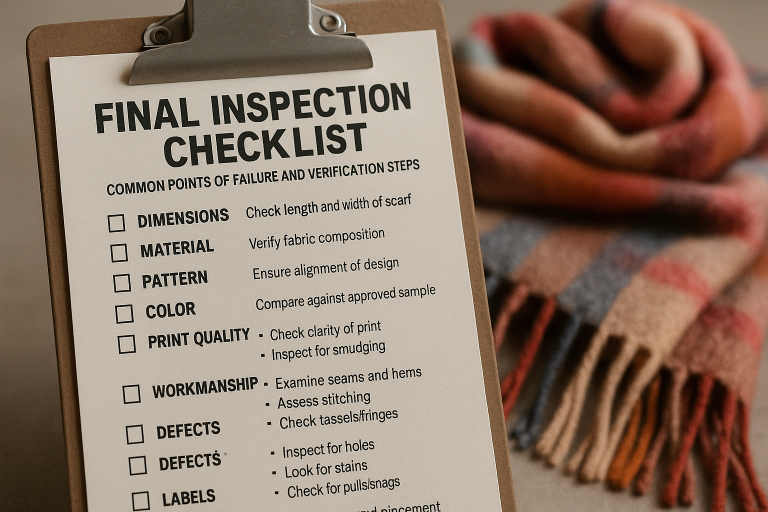 A visual representation of a comprehensive final quality inspection checklist for scarves, detailing common points of failure and verification steps, optimizing `final inspection protocols`.