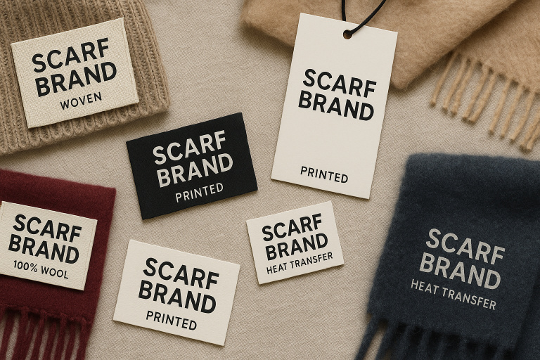 A display of various `custom labels and tags` commonly used for scarves, highlighting woven, printed, and heat transfer options, demonstrating branding flexibility.