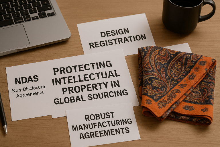 A visual representation of key strategies for `protecting intellectual property` in global sourcing, including NDAs, design registration, and robust manufacturing agreements, vital for `custom scarf designs`.