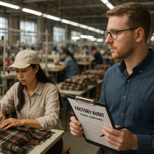 An independent auditor conducting a `factory audit` focused on `ethical compliance` and labor conditions in a textile production facility, emphasizing the importance of `sustainable sourcing China scarf supplies`.