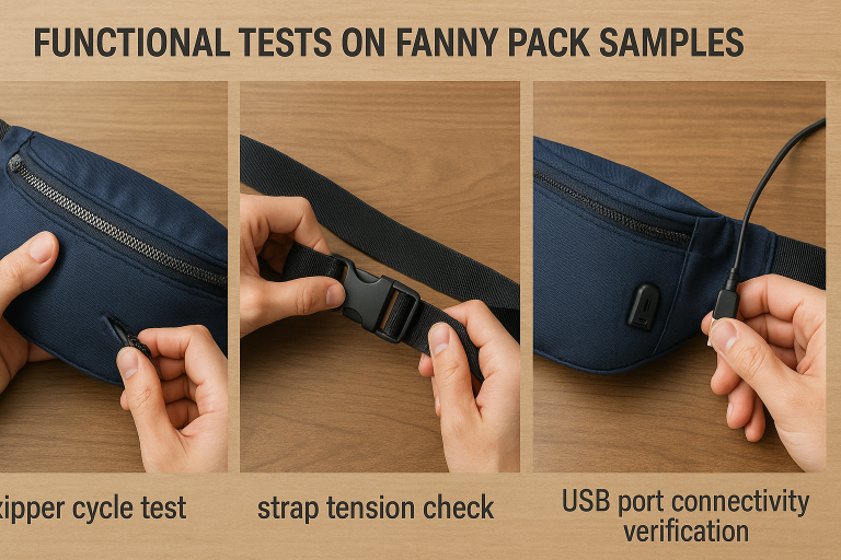 A visual guide to performing functional tests on fanny pack samples, including zipper cycle tests, strap tension checks, and USB port connectivity verification, crucial for pre-production quality assurance.