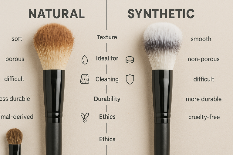 Comparative infographic illustrating the key differences between natural and synthetic makeup brush bristles, highlighting their texture, porosity, ideal product compatibility (liquid/cream vs. powder), cleaning ease, durability, and ethical considerations, crucial for informed material selection during procurement.