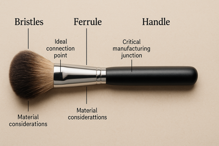 Detailed diagram illustrating the complete anatomy of a makeup brush, clearly labeling bristles, ferrule, and handle, with callouts showing ideal connection points, material considerations, and critical manufacturing junctions for quality assessment.
