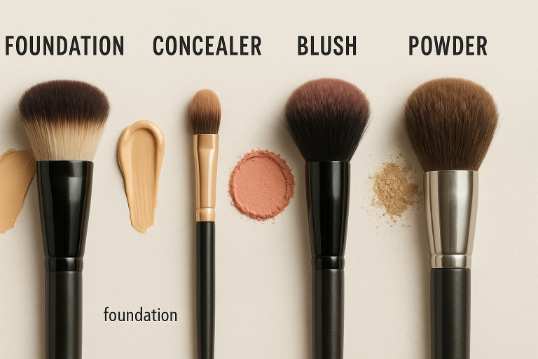 Visual catalog of common makeup brush types (foundation, concealer, blush, powder) with their typical shapes and recommended product applications, essential for product line planning.