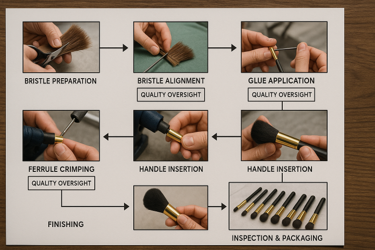 Flowchart illustrating the detailed manufacturing process of makeup brushes, emphasizing critical artisanal and precision stages like bristle alignment, ferrule crimping, and glue application, highlighting points for quality oversight.