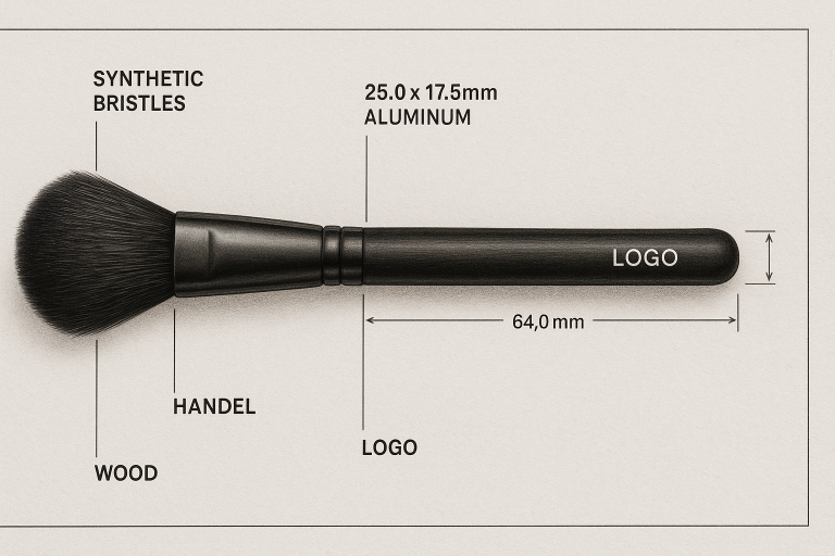 Example of a meticulously detailed technical specification sheet for a custom makeup brush, including callouts for bristle type, ferrule dimensions, handle material, and logo placement with precise measurements and material codes, critical for OEM production.