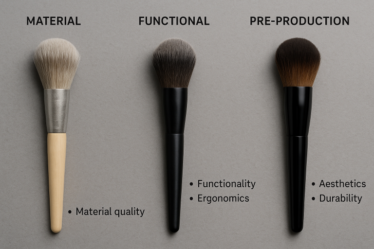 Visual representation of the makeup brush sampling stages (material, functional, pre-production), showing prototypes at each step and highlighting key evaluation points, crucial for managing design iterations.