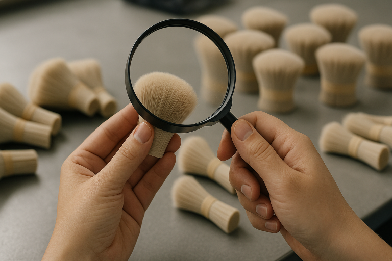 Photo demonstrating the raw material inspection process for makeup brush components, specifically showing bundles of bristles being meticulously examined for quality, uniformity, and absence of foreign particles, vital for preventing defects early.