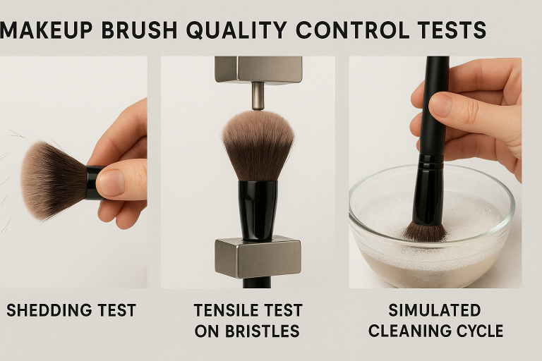 Infographic detailing various critical quality control tests specific to makeup brushes, including shedding tests, tensile tests on bristles, and simulated cleaning cycle assessments, illustrating comprehensive QC methodology.