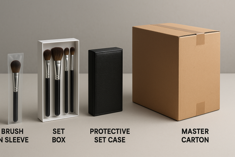 Diagram illustrating various packaging levels for makeup brushes, from individual brush sleeves to protective set cases and robust master shipping cartons, highlighting critical protective features for international logistics.