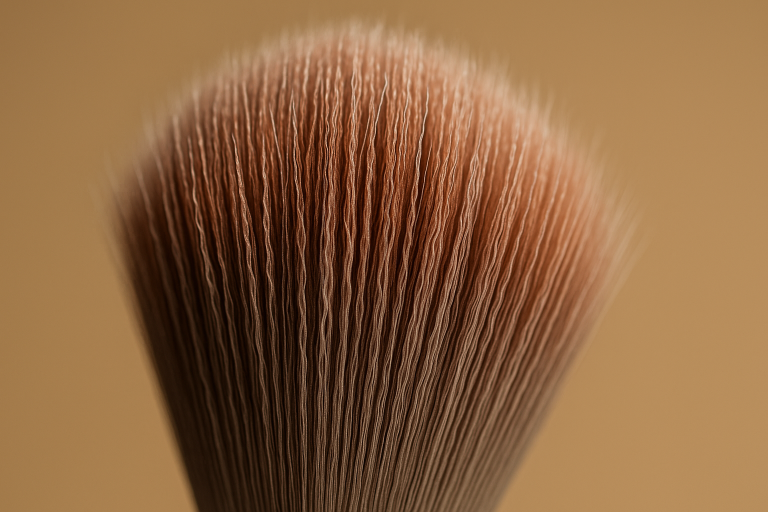 Macro photograph showcasing advanced synthetic brush bristles with visible crimping and textured fibers, demonstrating how engineered synthetics mimic natural hair for powder pickup, a key feature to specify with manufacturers.