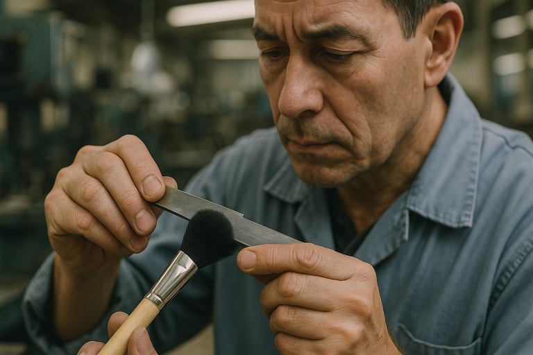 Close-up photo of a skilled factory worker meticulously performing bristle alignment and shaping on a makeup brush head, underscoring the artisanal precision required for high-quality brush production.