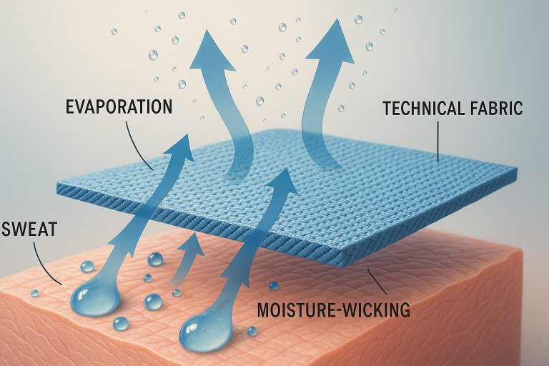Detailed diagram illustrating the moisture-wicking process in technical fabric, depicting how sweat is effectively pulled from the skin and efficiently evaporated from the fabric's outer surface, crucial for activewear performance.