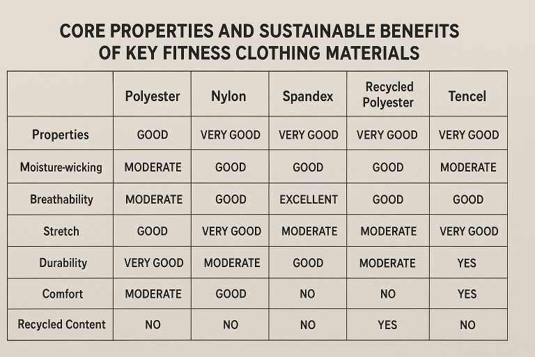 Comparison chart detailing the core properties and sustainable benefits of key fitness clothing materials (Polyester, Nylon, Spandex, Recycled Polyester, Tencel), highlighting their performance attributes and environmental impact for informed material selection.