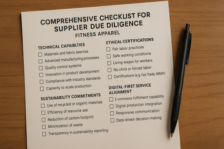 Comprehensive checklist for supplier due diligence specific to fitness apparel, including sections for verifying technical capabilities, sustainability commitments, ethical certifications, and digital-first service alignment.
