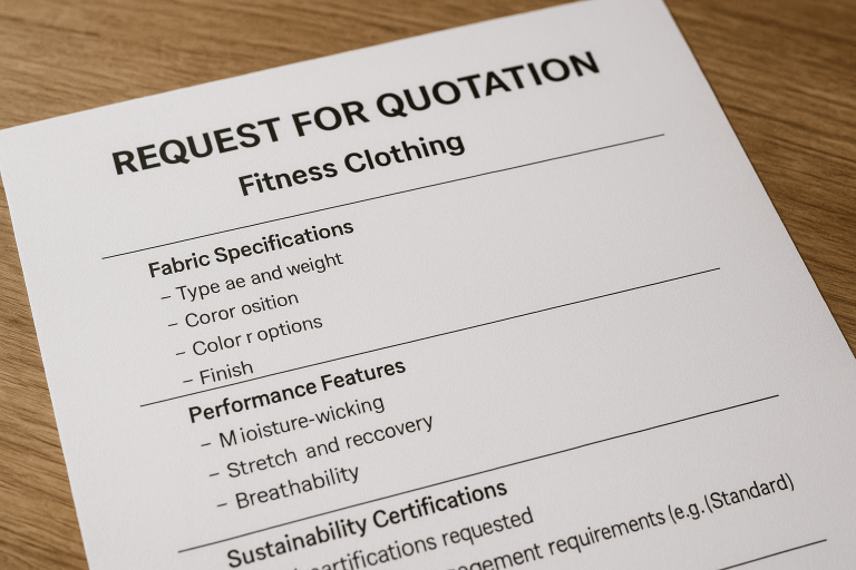 Sample RFQ template snippet for fitness clothing, highlighting critical sections for fabric specifications, performance features, and sustainability certifications, demonstrating the required level of detail for clarity.