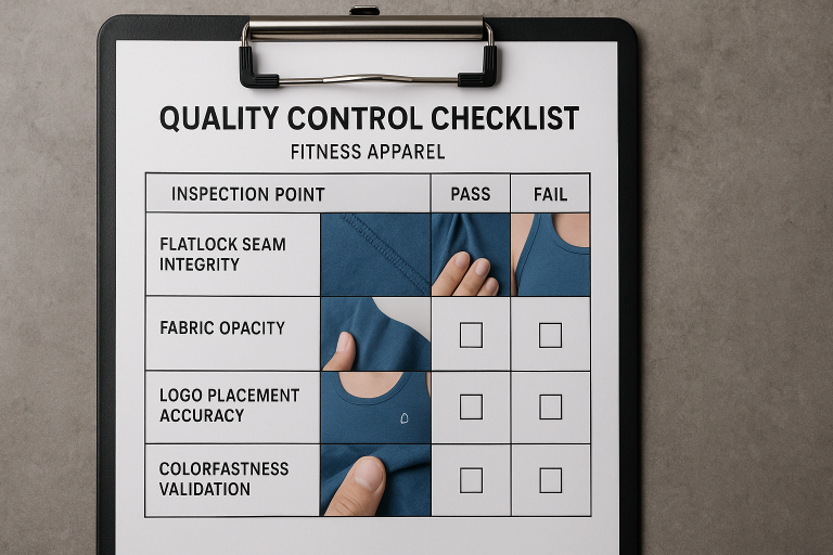 Visual example of a Quality Control checklist template tailored for fitness apparel, highlighting critical inspection points like flatlock seam integrity, fabric opacity, precise logo placement accuracy, and colorfastness validation.