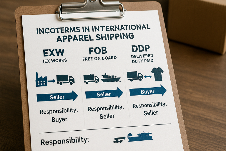 Infographic explaining the key differences and clear responsibilities associated with common Incoterms (EXW, FOB, DDP) in the context of international apparel shipping, aiding logistical planning.