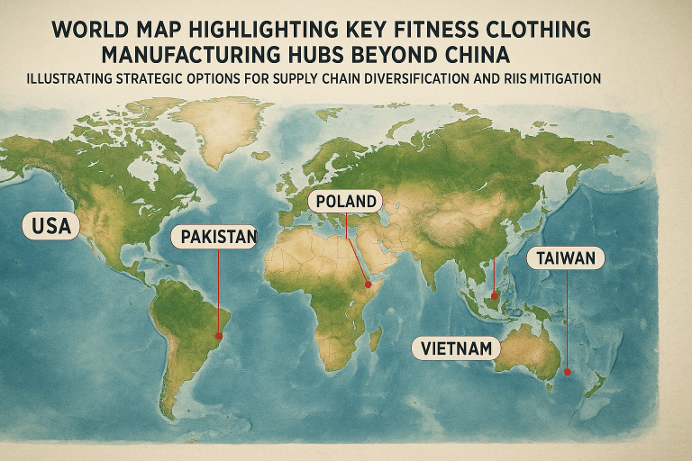 World map highlighting key fitness clothing manufacturing hubs beyond China (e.g., Vietnam, Taiwan, Poland, Pakistan, and USA), illustrating strategic options for supply chain diversification and risk mitigation.