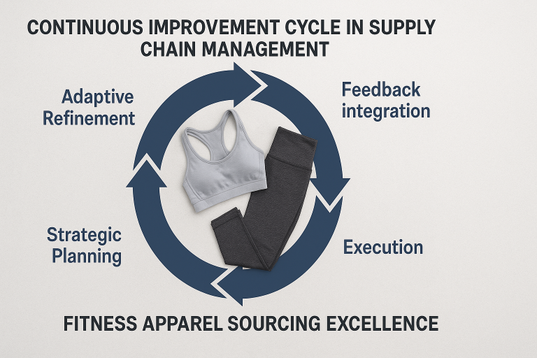 Infographic illustrating the continuous improvement cycle in supply chain management, showcasing iterative stages from strategic planning and execution to feedback integration and adaptive refinement for fitness apparel sourcing excellence.